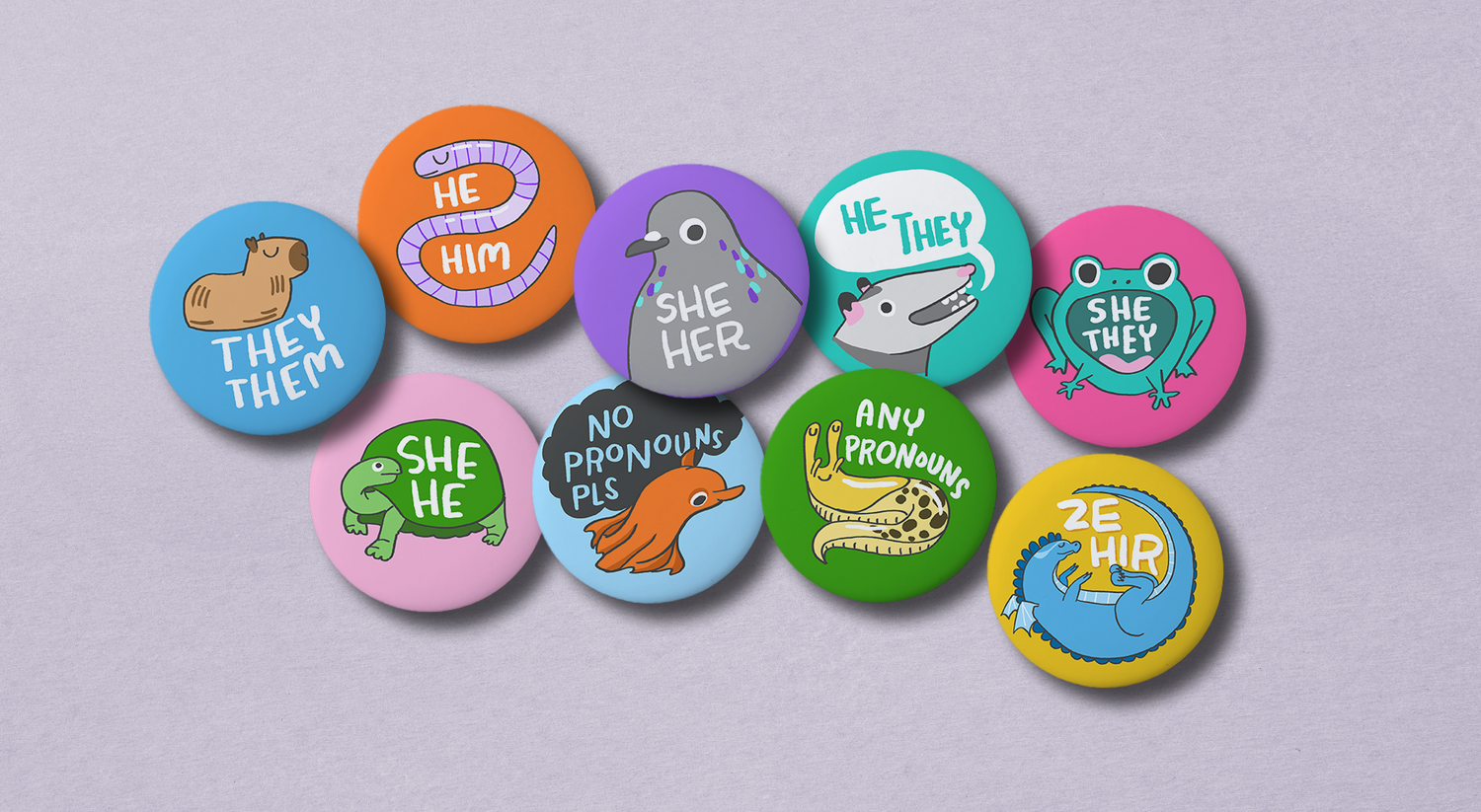 Pronoun Creature Pinback Buttons